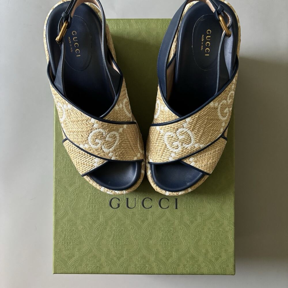 Gucci Women’s Beige Raffia Platform Slide Sandals Crystal GG Logo EU 38